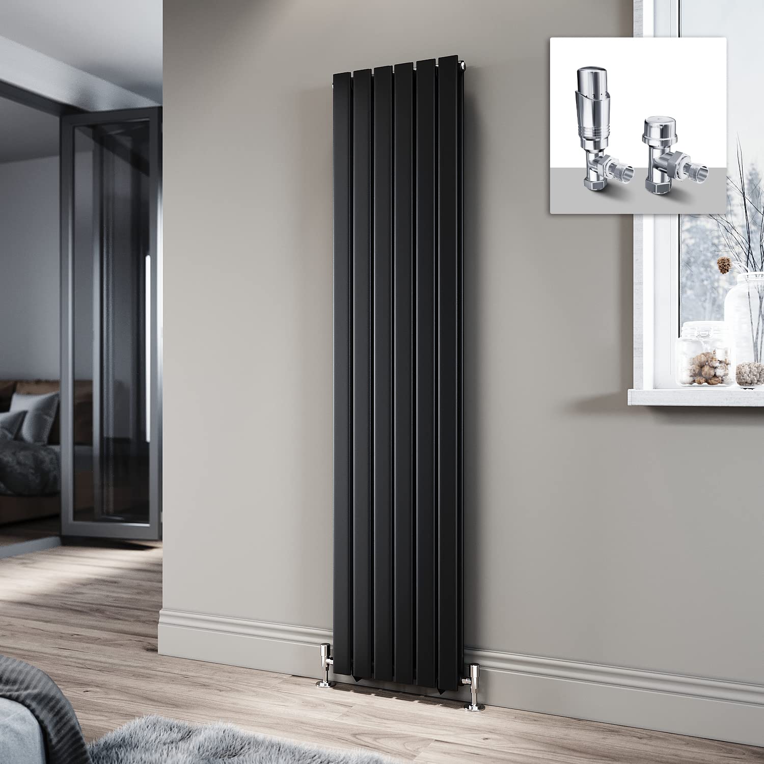 ELEGANT 1800 x 408mm Radiator Black Vertical Radiator Flat Panel Designer Radiator Double Panel Tall Upright Central Heating Radiator with Chrome Thermostatic Valves