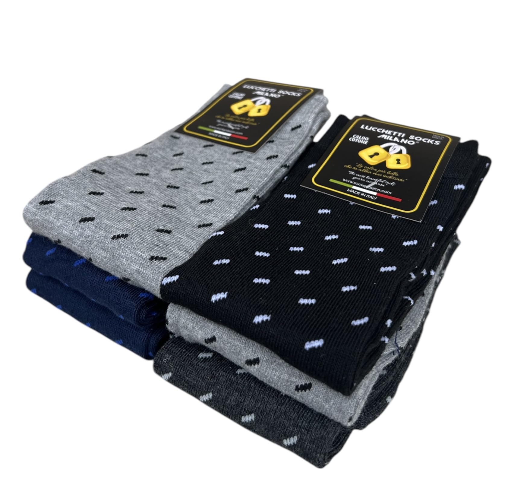 Lucchetti Socks Milano Set da 6 Paia di calze uomo lunghe caldo cotone colorate tendenza pois fantasia fashion Made in Italy
