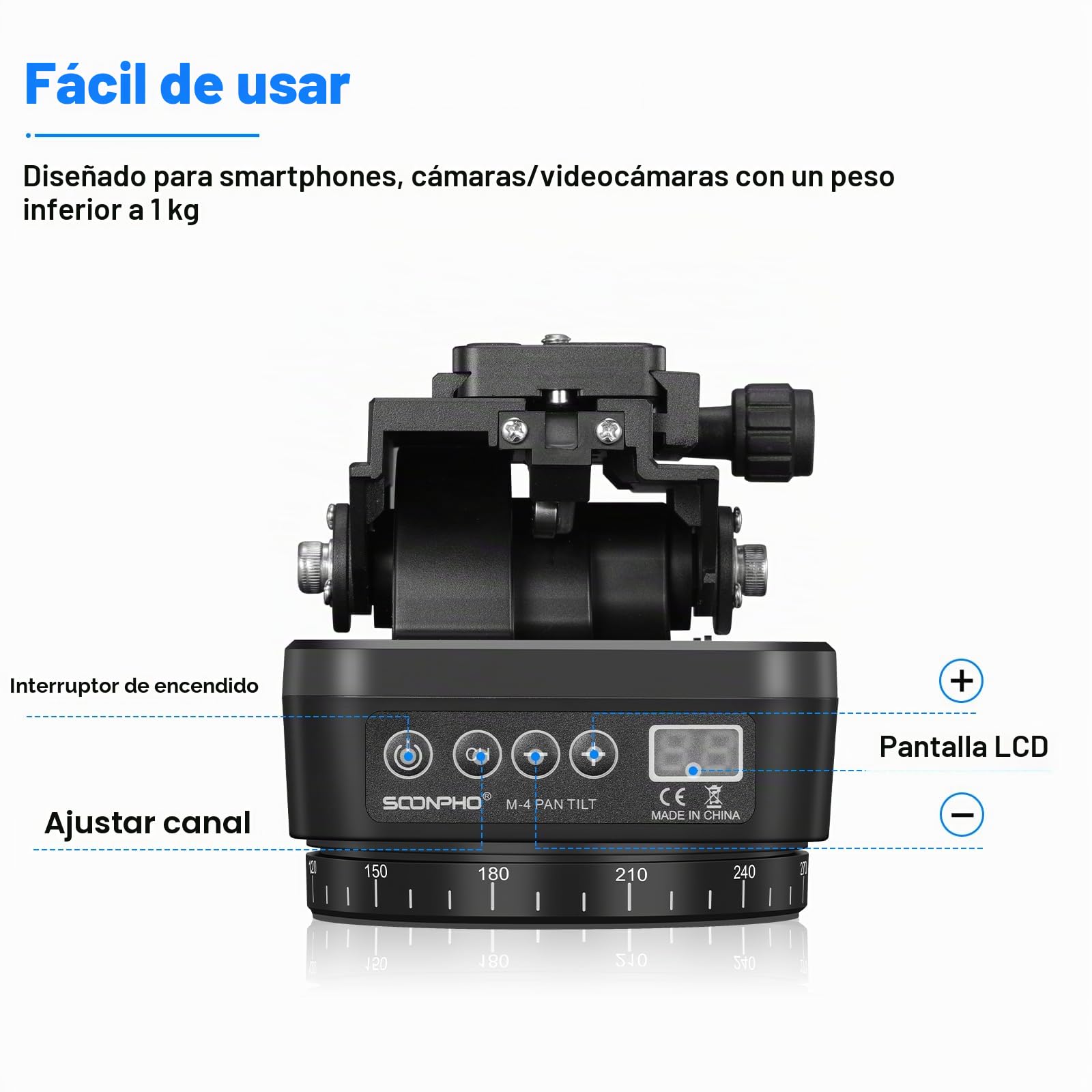 Soonpho M4 - Trípode de cámara panorámica con Mando a Distancia Pan Tilt, Cabeza motorizada de 360 Grados, eléctrico con Abrazadera del teléfono y Mando a Distancia para cámaras DSLR, Smartphone