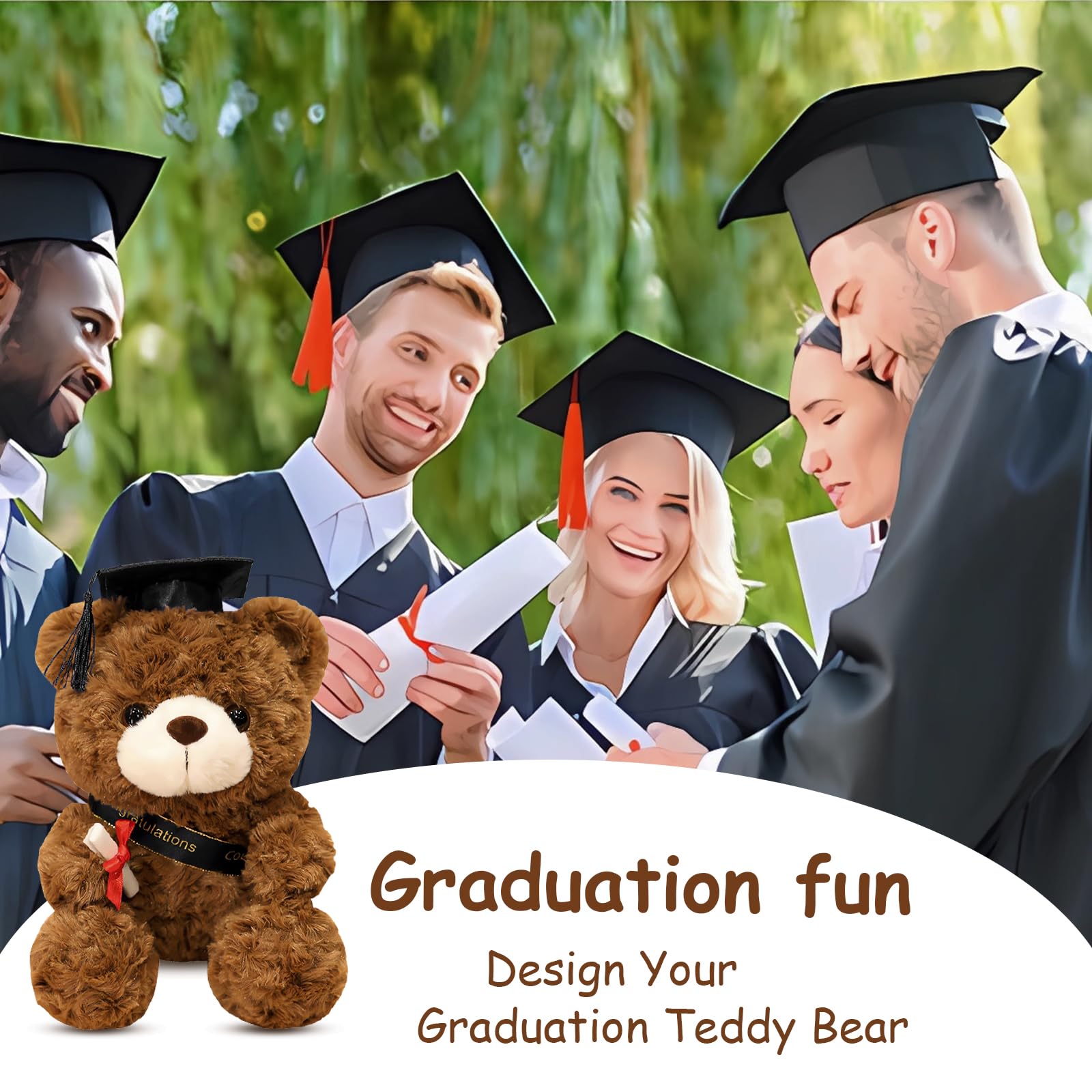 FGen 23 cm Peluche Personalizado, Oso de graduación 2024, Oso de Peluche con Diploma y Sombrero de médico, graduación Oso para niñas y niños (Sombrero Negro, marrón Oscuro)