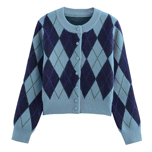 Womens Argyle Preppy Cardigan Sweater Casual Long Sleeve Button Down