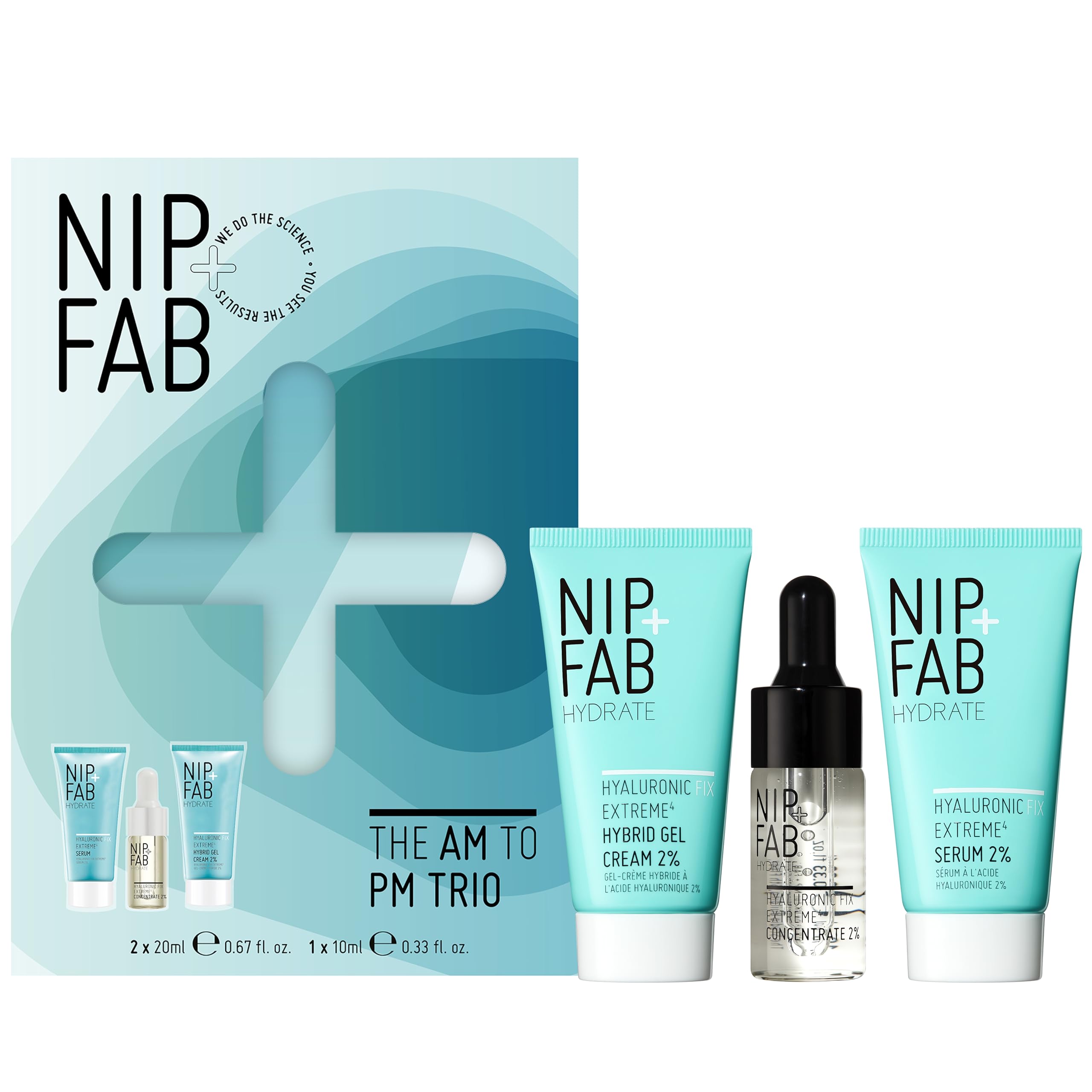 Nip+Fab Gift Set - AM to PM Trio Set, The Full Cycle of Hydration for Plump, Smooth, Dewy Face Skin, Bestselling Hyaluronic Fix Extreme4 Range