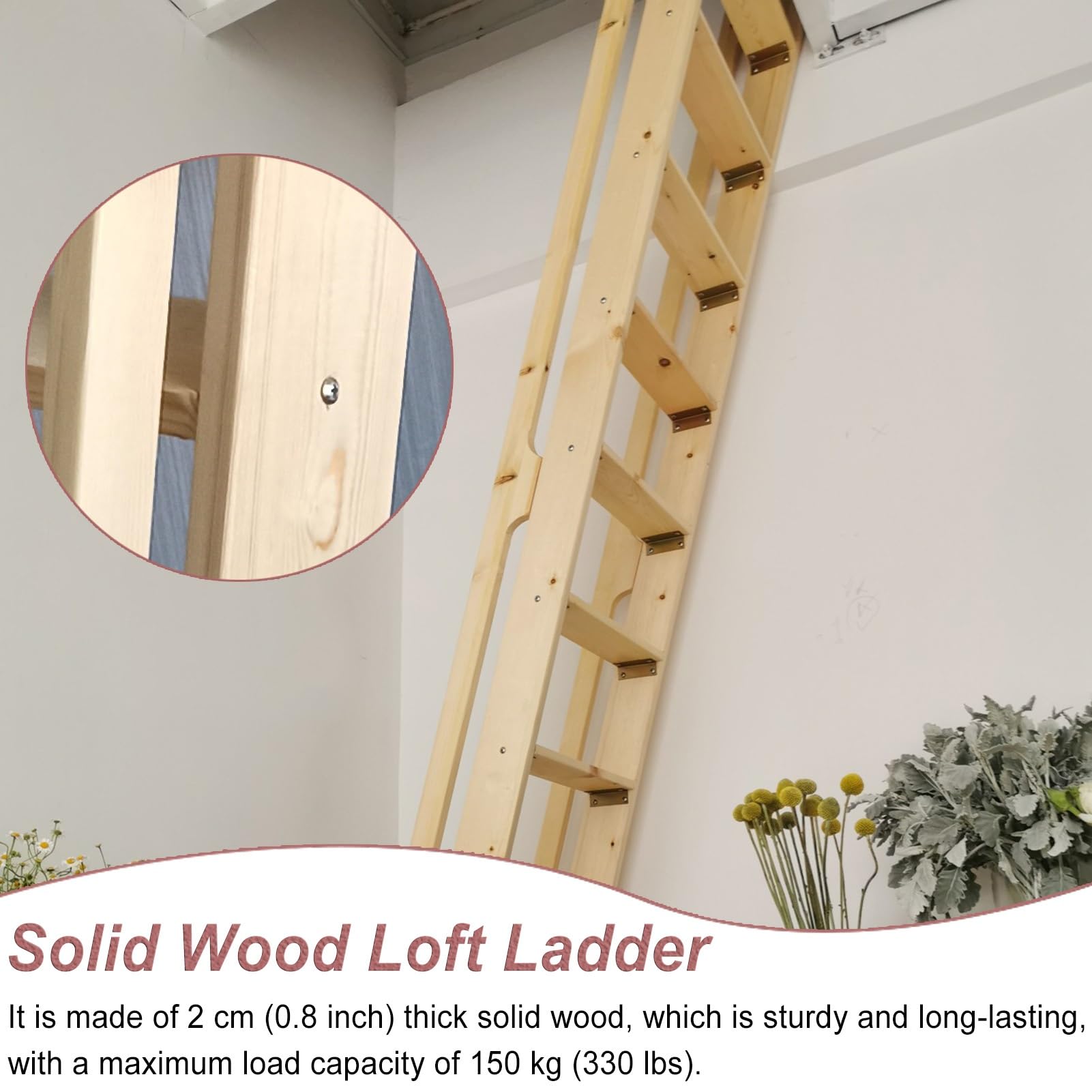 Échelle de lit superposé en bois massif avec poignée et accessoires d'installation, capacité de 150 kg, escalier intérieur pour lits mezzanines