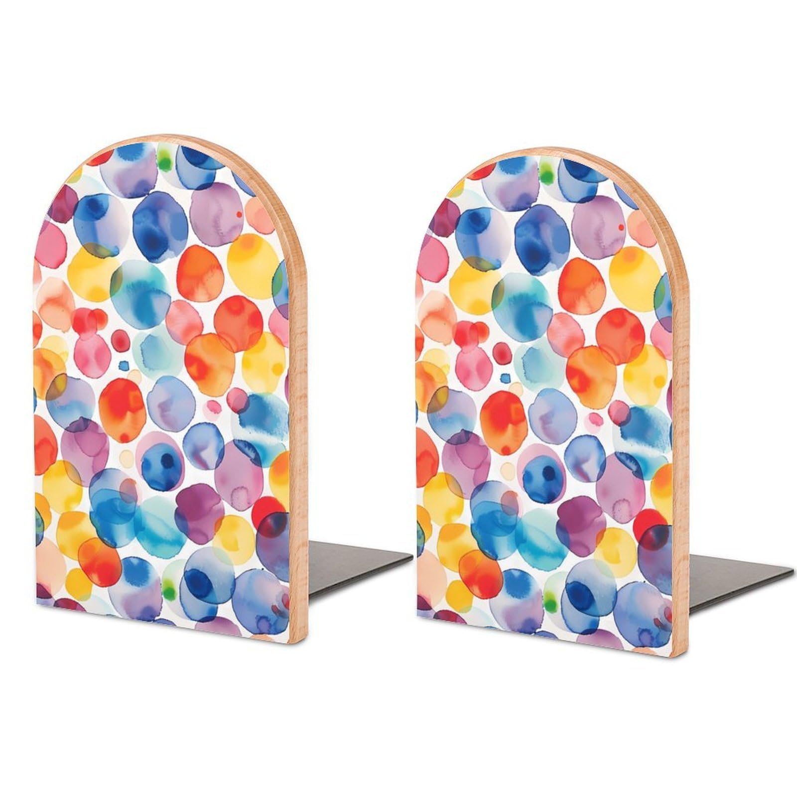 Watercolor Colourful Spot Book Ends Wood Non-Slip Books Stand Book Holders Book Stopper Organizer for Shelves Home Office