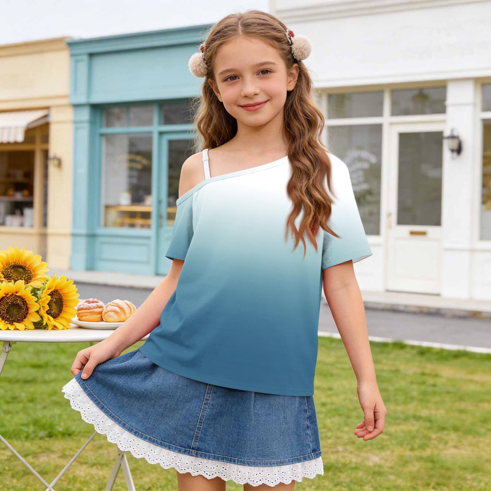 Camisetas de manga corta con hombros descubiertos para niñas, adolescentes, elegantes, transpirables, para la escuela, básicas, de un hombro, holgadas, informales, invitadas de boda, 5-14 años, Reino