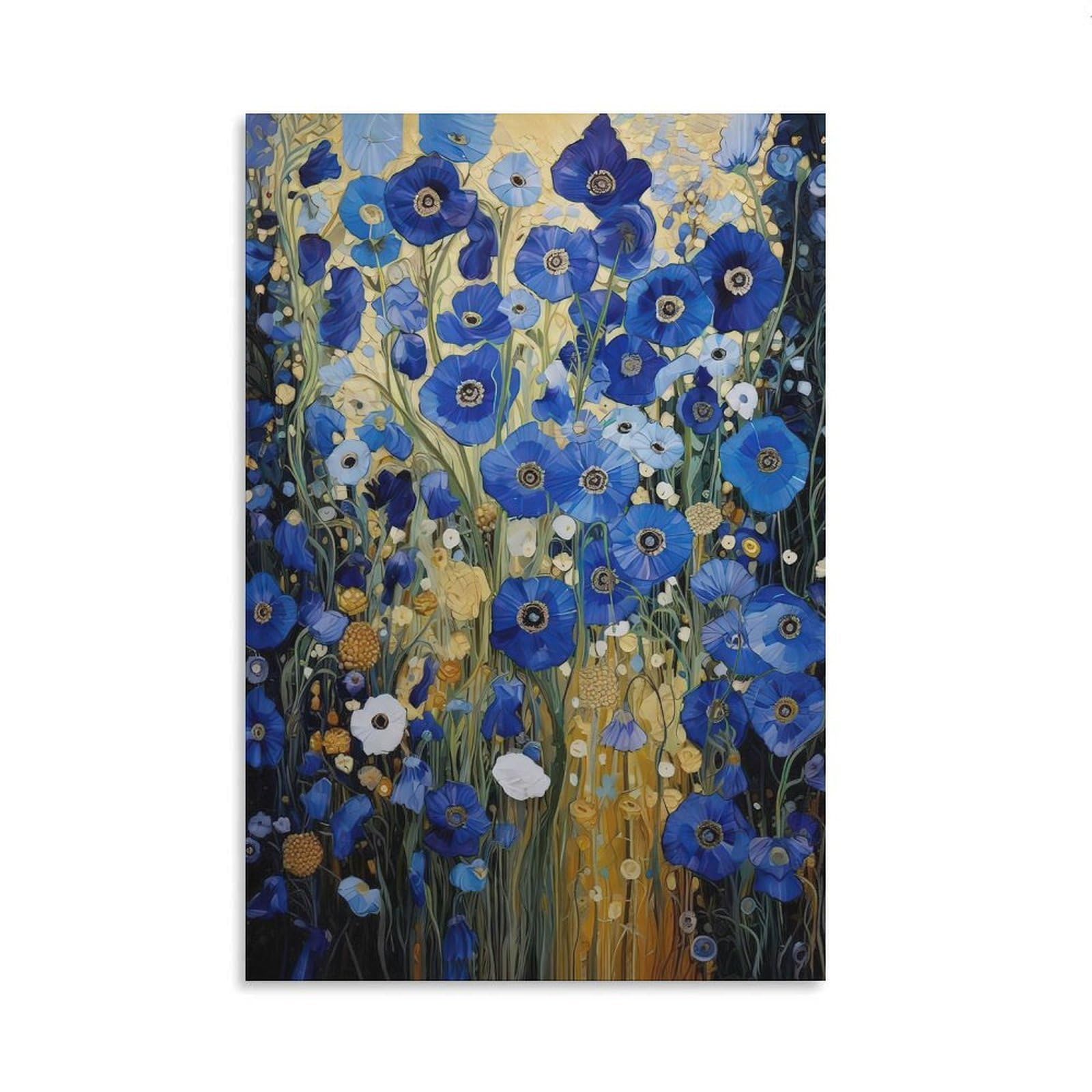Luihg Gustav Klimt Blue Flowers Poster Art Print, Gustav Klimt Exhibition Inspired Artwork Painting Wall Art Decor For Living Room Bedroom Office