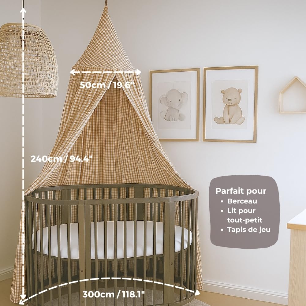 Wonder Space Ciel de lit – Motif à carreaux beige neutre pour chambre d'enfant | Tente décorative en coton pour lits de bébé et lits d'enfant | Parfaite pour un coin de lecture ou une aire de jeux