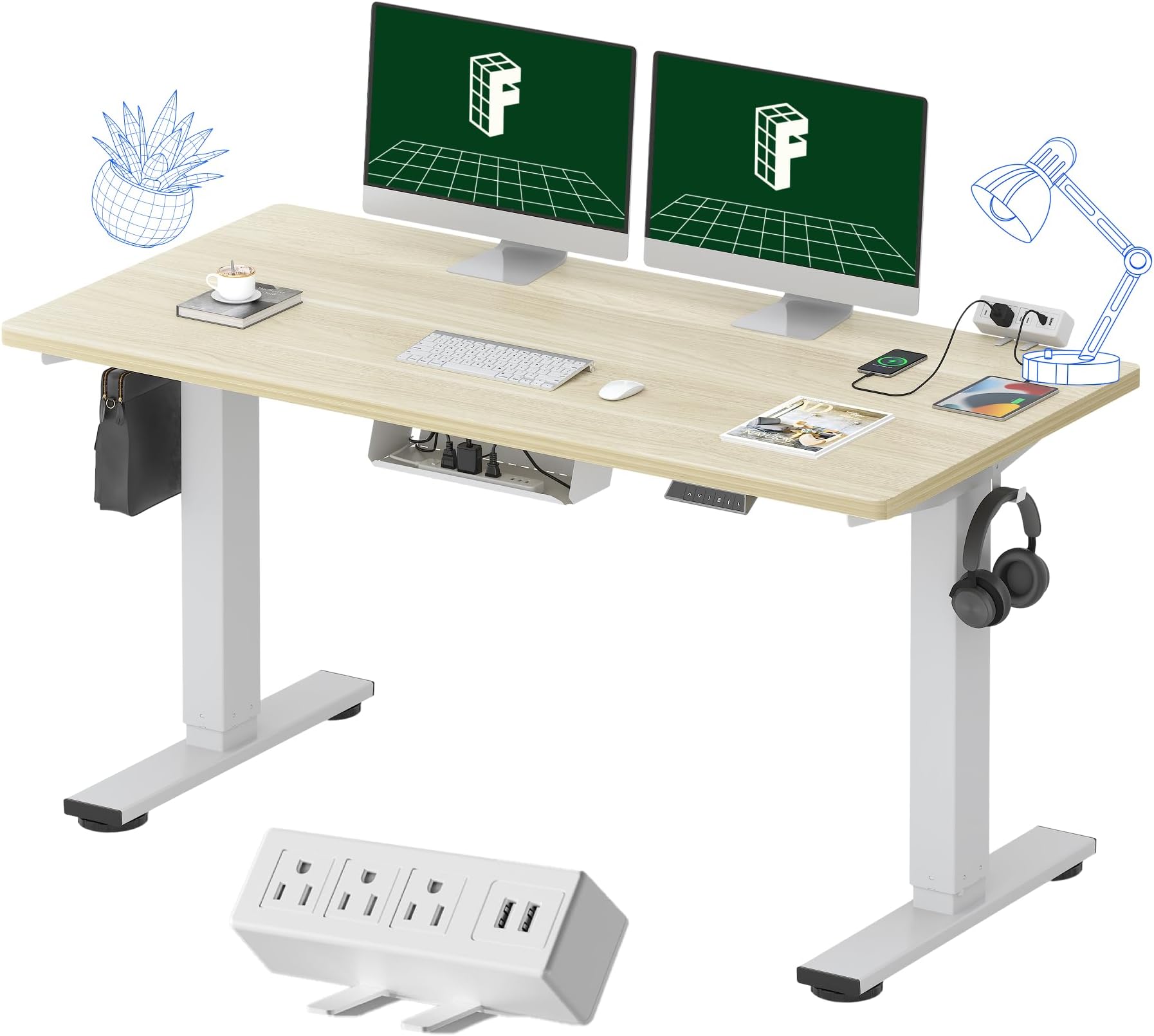 FLEXISPOT EN2 Whole-Piece Standing Desk with Clamp Power Strip, 55 x 28 Electric Stand Up Height Adjustable Desk with Cable Management (White Frame + 55" White Wood Grain Desktop, 2 Packages)