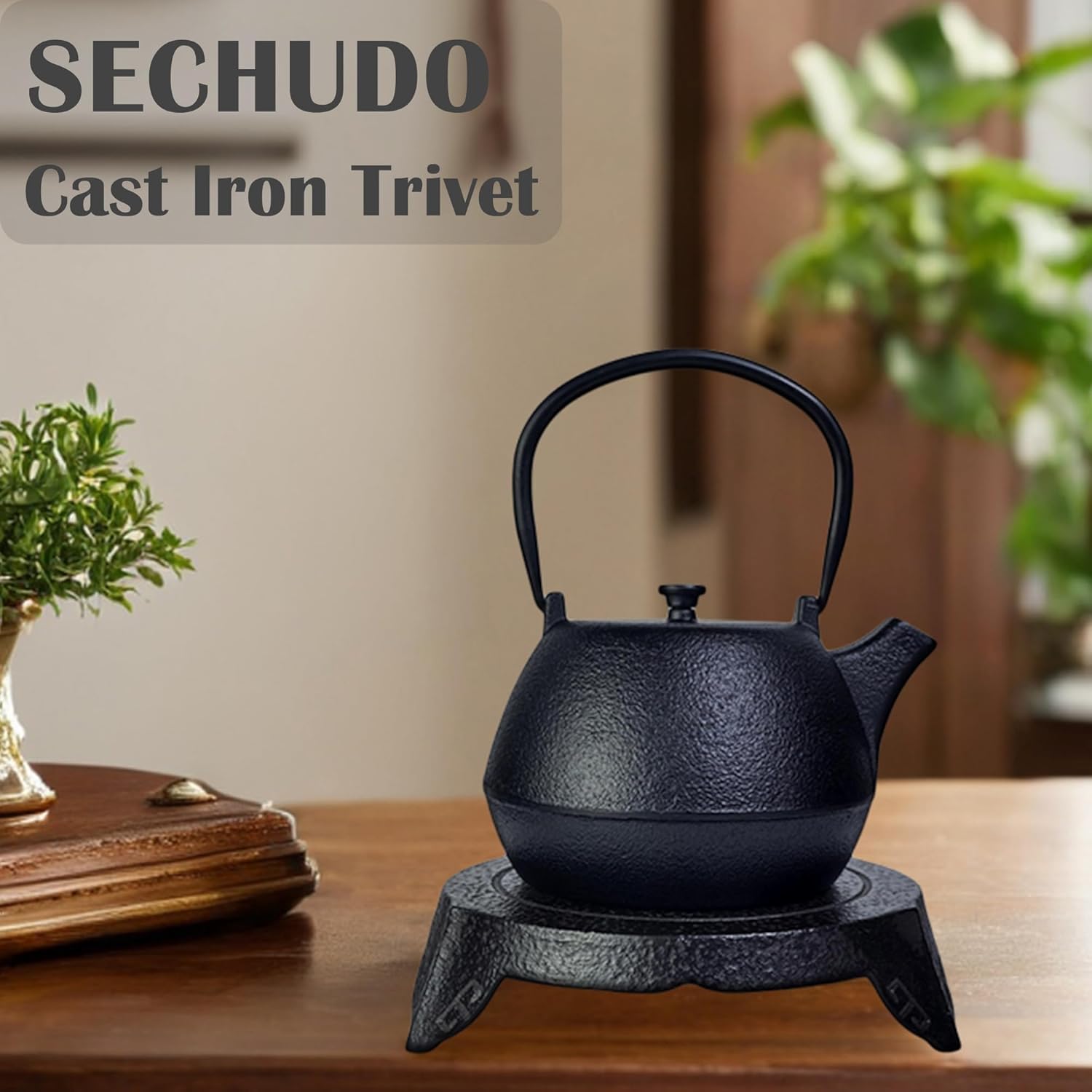 Cast Iron Trivet for Tea Kettle or Teapot, Kitchen Counter Decor and Accessories Heat Resistant Holder for Dishs, Pots or Pans, Holder Pads for Tea Table and Countertop (Dark Coffee, 6.9", Round)
