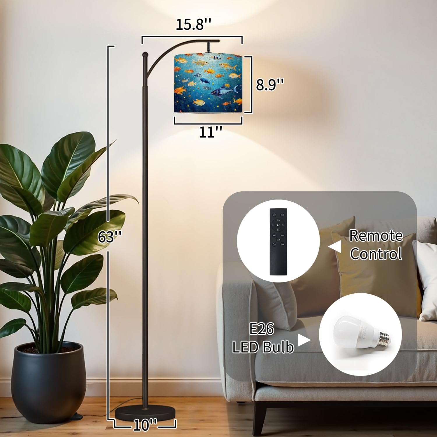 Arc Floor Lamp Ocean Sea Fish Navy Blue Marine Colorful Fishes Bright Oranges Oil Dimmable Modern Standing Lamp with Remote Adjustable Drum Shade Footswitch Tall Pole Lamp for Living Room Bedroom