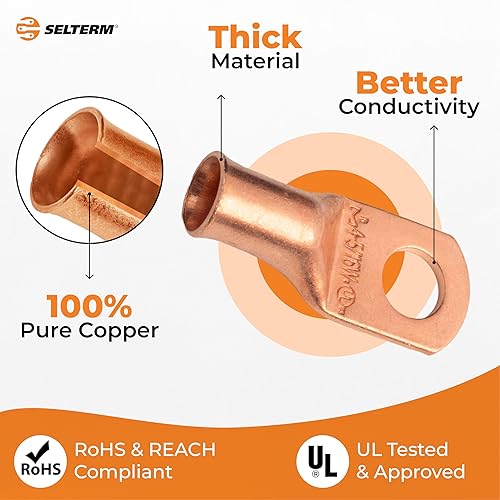 Miniatura 525 de SELTERM - 2 terminales de anillo resistentes para cable de batería, calibre 4 AWG, pernos de 3/8 pulgadas, terminales de calibre 4, ojales de cobre
