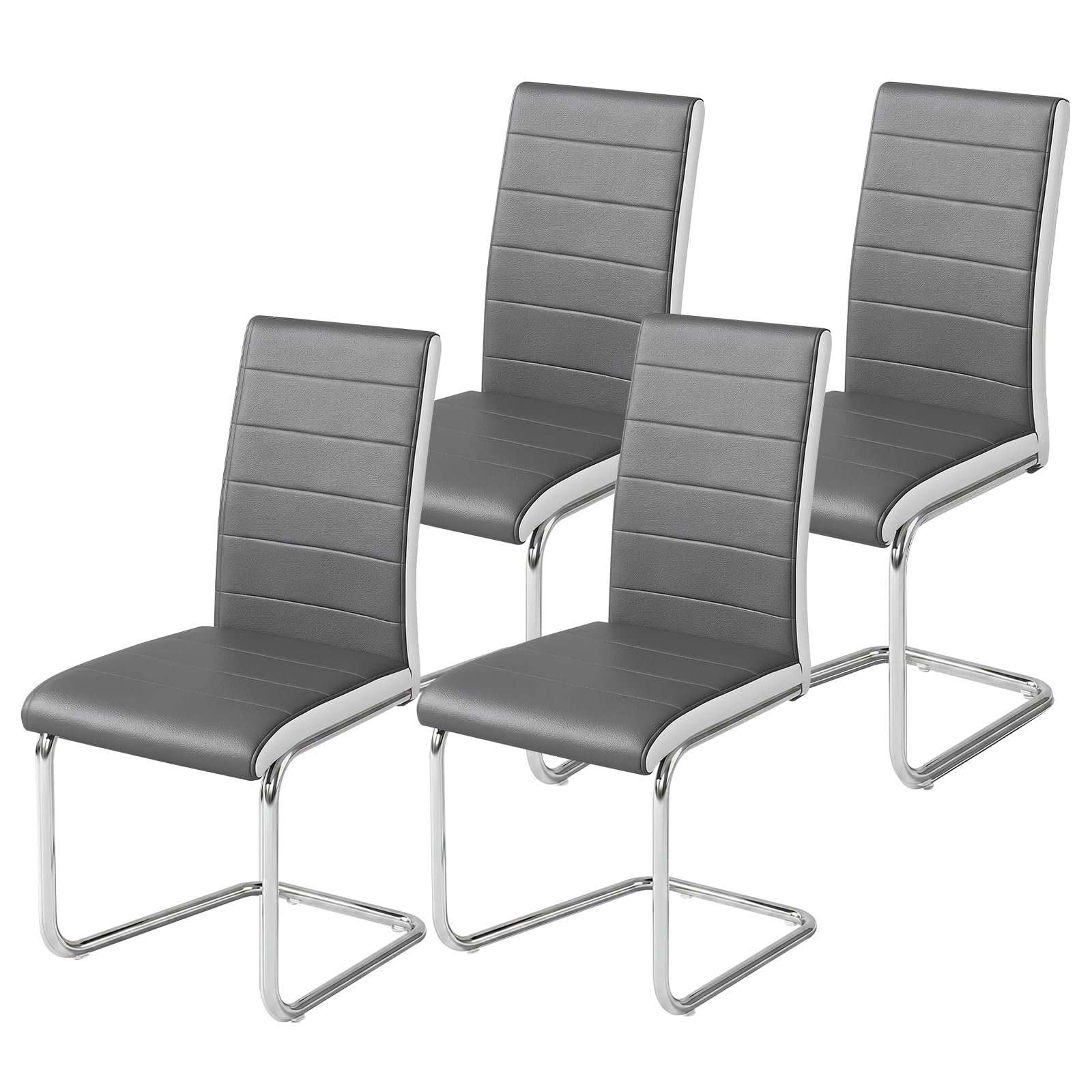 Panana 4Pcs Gray Faux Leather Dining Chairs With High Back and Chrome Legs - Kitchen Room Chair Set (Grey With White, 4)