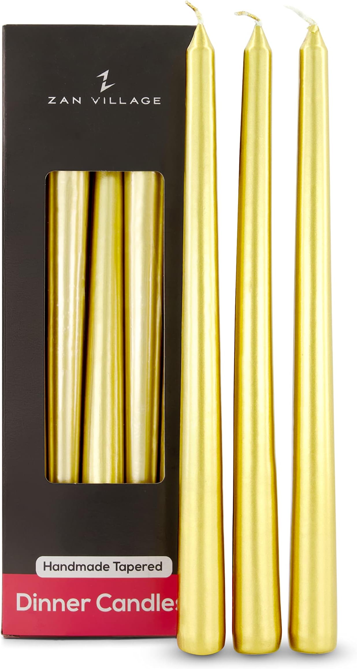 Zan Village Candle Company Taper Dinner Candles, 10 Pack, Long-Lasting 7-Hour Burn Time, Classic Long Venetian Style, Unscented, Dripless Candling, Made in the UK - Gold