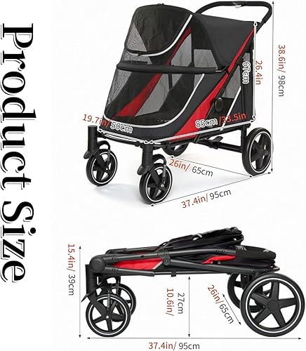 Miniatura 2 de Cochecito grande para perros de 4 ruedas para perros medianos o 2 perros, plegable con un solo clic, malla transpirable grande y techo solar,