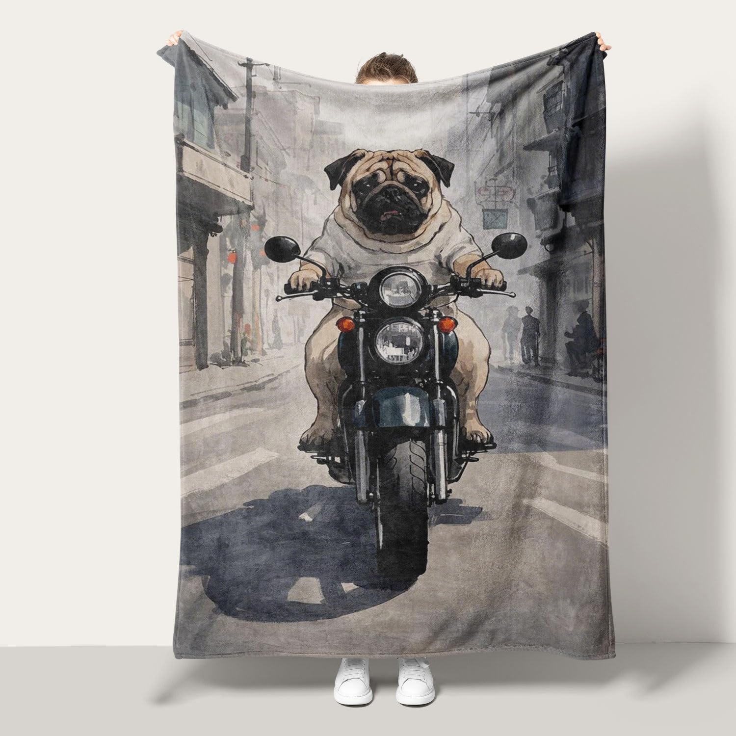 Plaid bouledogue moto en flanelle 100x130 cm pour canapé