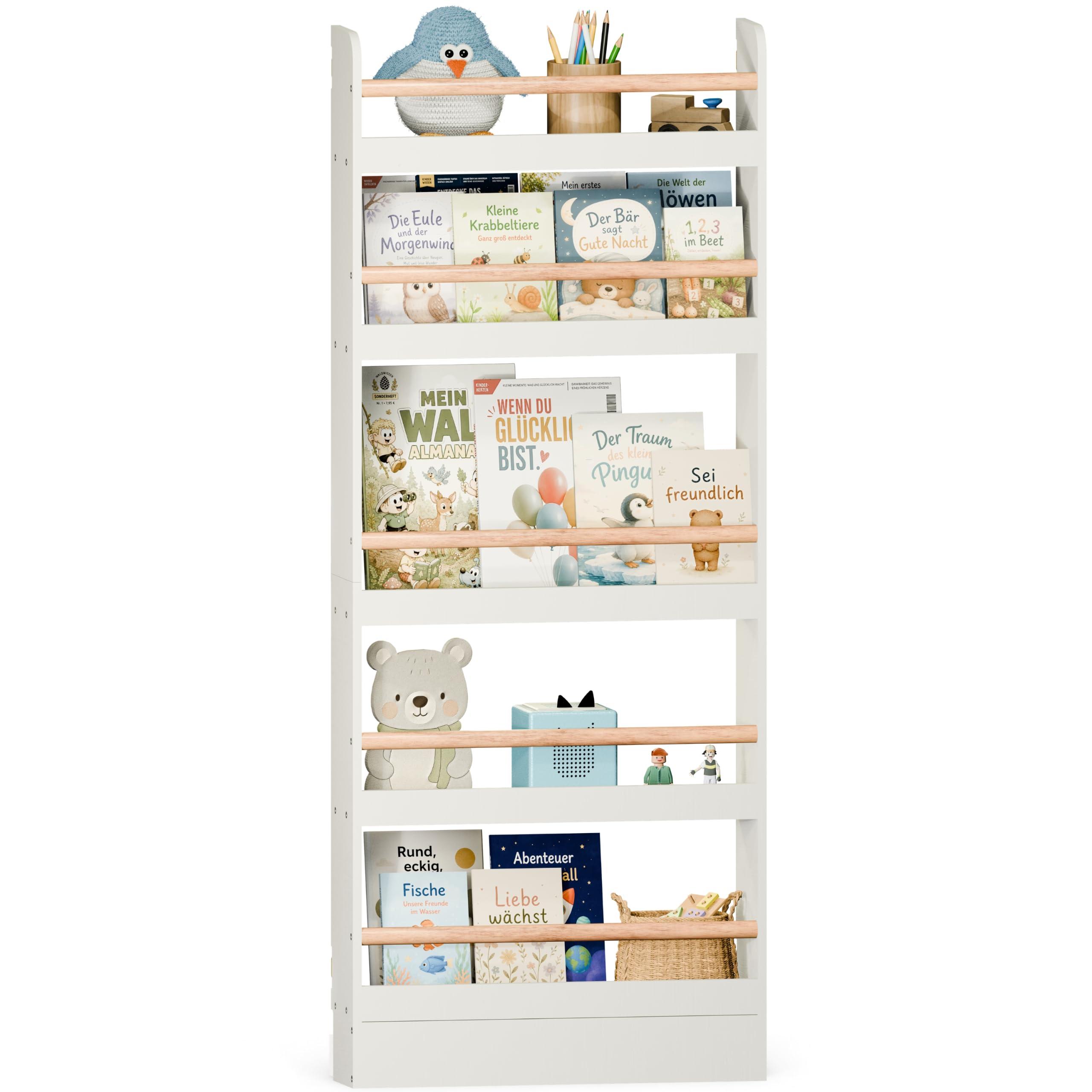 Bücherregal Kinder mit 5 Ablagen, Montessori Kinderbücherregal zur Wandmontage, Wandregal für Bücher, Toniebox & Spielzeug, Weiß/Natur, 60×15×150 cm