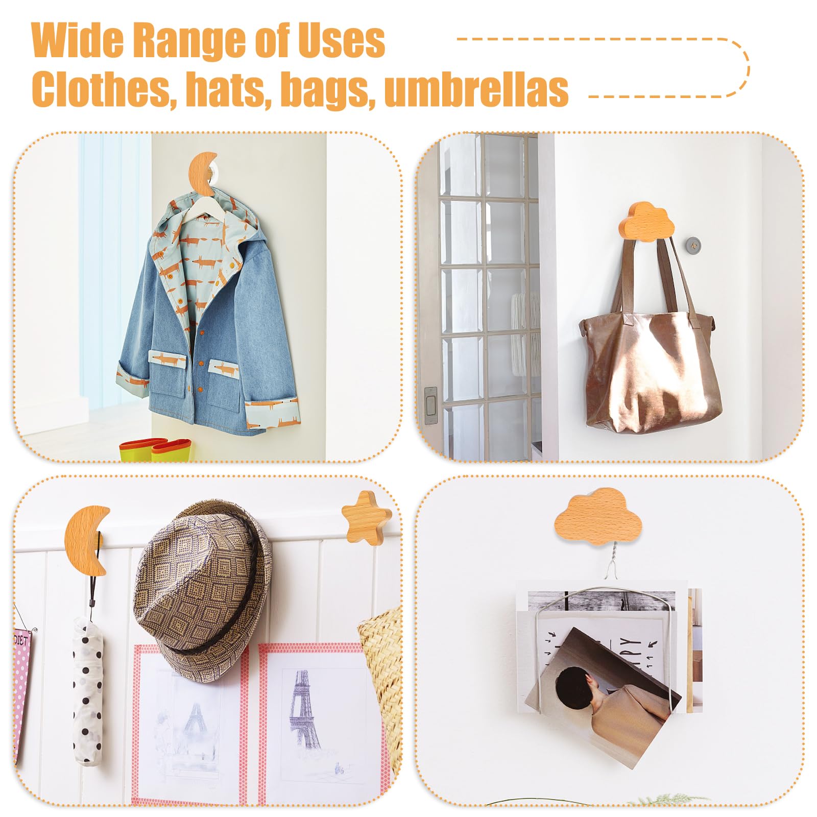 MplehDa Pomelli per armadi in legno per cameretta dei bambini, 6 pomelli in legno con motivi animali, pomelli per mobili in legno, 2 in 1, autoadesivi per mobili con viti (Stella)