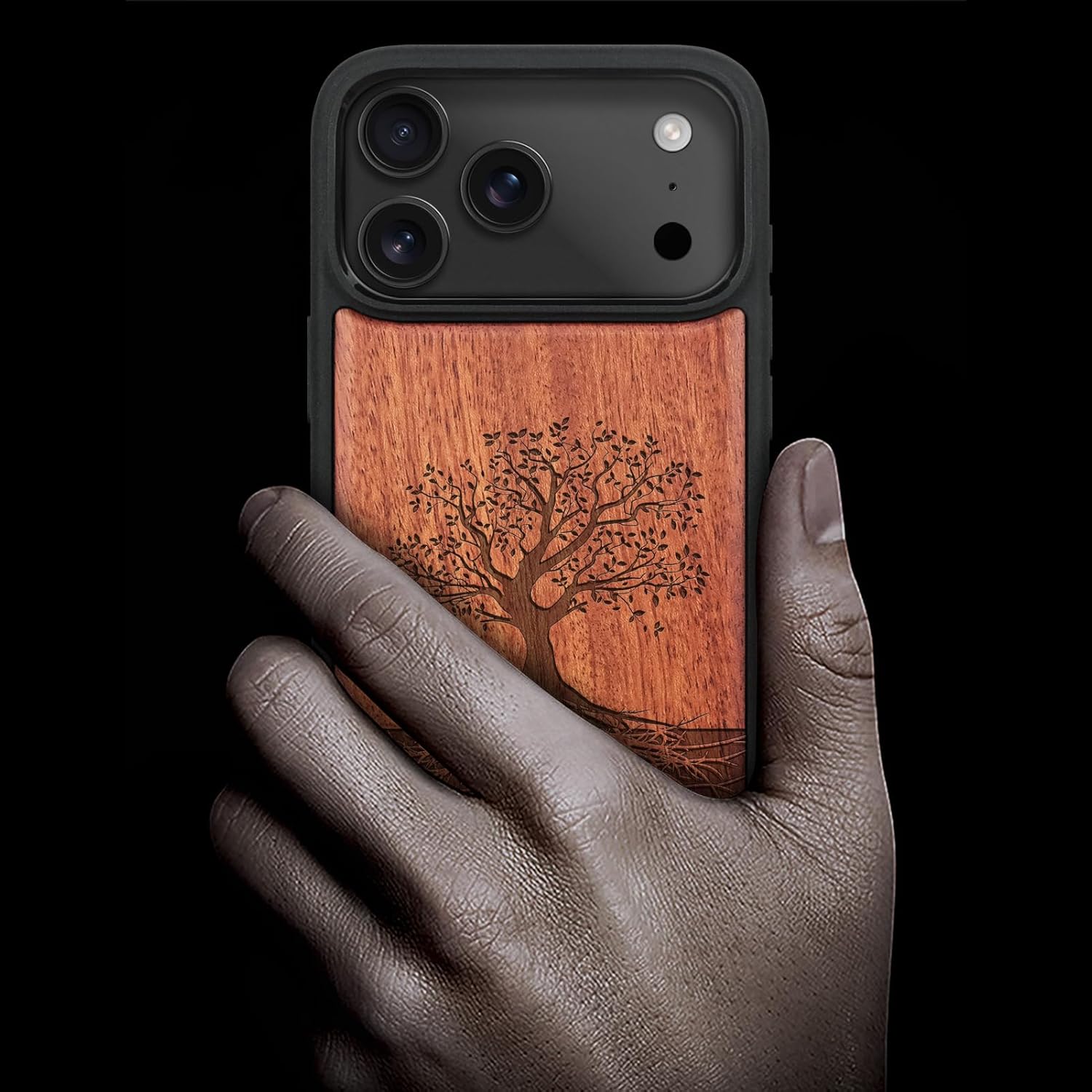 Carveit Magnetic Wooden Case for iPhone 17 Pro Case, Wood Artisan Engraved & Black Soft TPU Shockproof Cover, Compatible with MagSafe Wireless Chargers (The Yin Yang Tree) Rosy - Image 2