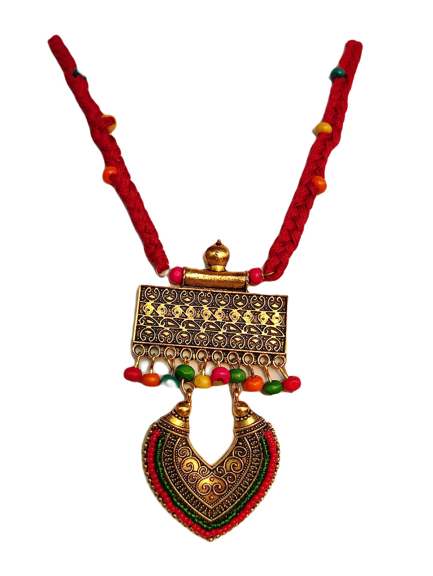 Indiaura Modeboho chic style designer maroon cotton thread necklace with antique oxidized gold plated pendent for women and girls for casual, contemporary, indo-western look