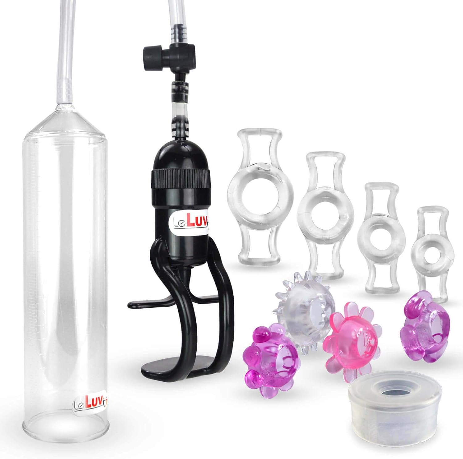 LeLuv Vacuum Pump Easyop ZGrip Handle Natural Male Enhancement Bundle with Clear Seal, 4 Clear and 4 Stretchy Jelly Cock 4 Constriction Rings