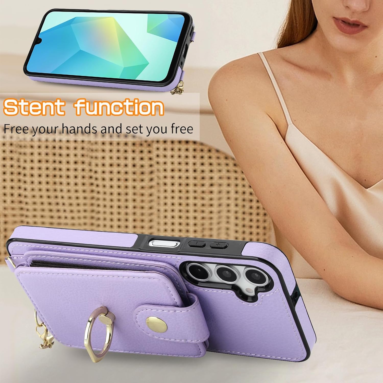 Phone Case for Samsung Galaxy A35 5G Magnetic Wallet Cover Detachable and Screen Protector Ring Kickstand Crossbody Lanyard Strap Compatible with MagSafe RFID Blocking A 35 35A for Women Purple