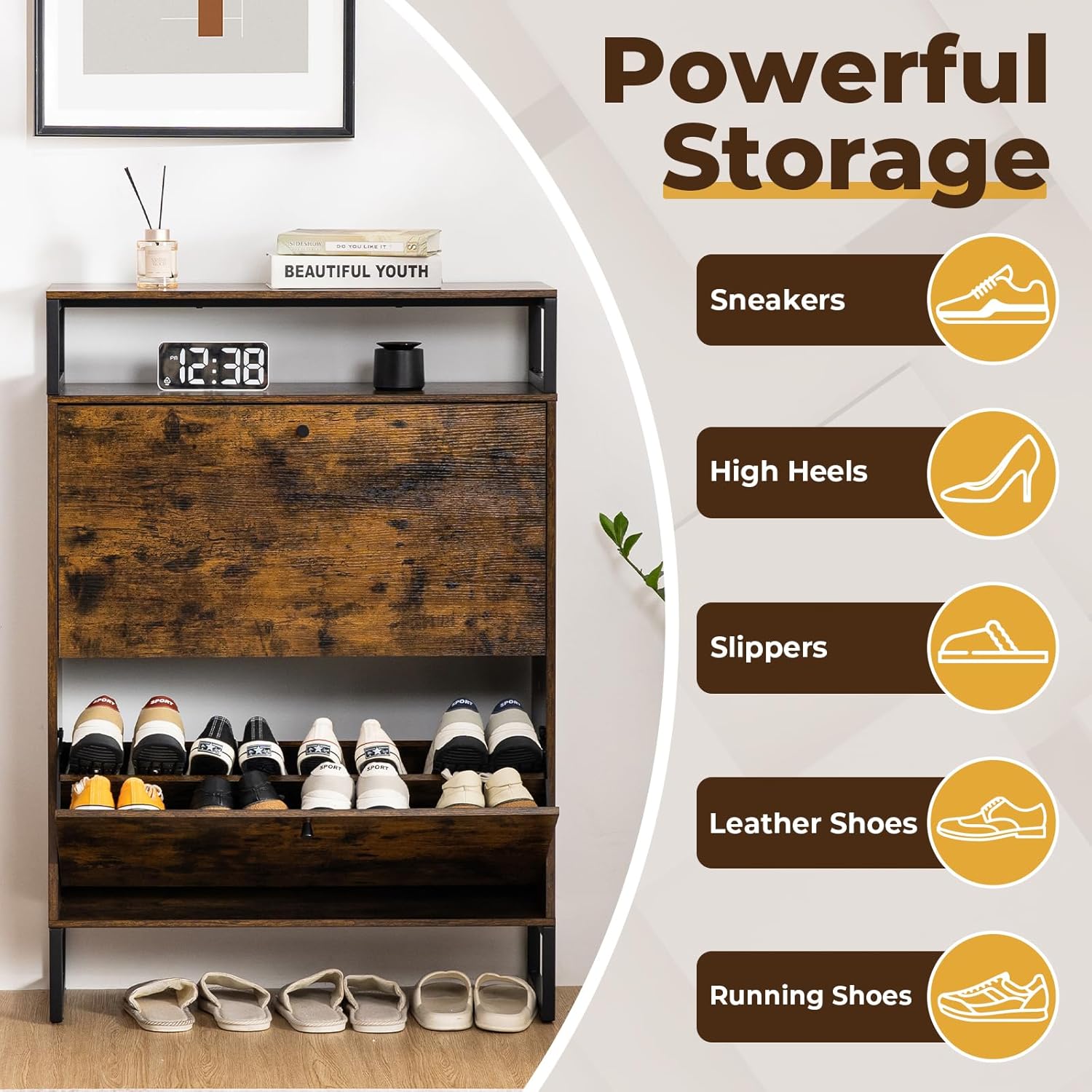HOMMPA Shoe Storage Cabinet with 2 Flip Drawers, Freestanding Shoe Organizer with Metal Legs for Entryway, Narrow Shoe Rack Cabinet, Rustic Brown