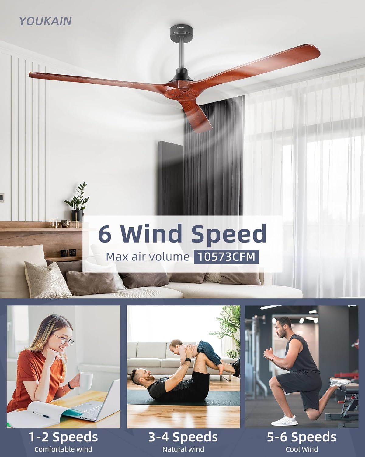 YOUKAIN 72 Inch Ceiling Fan No Light, 3 Blade Ceiling Fan, Walnut Wood, Remote Control, 6-Speed Reversible Motor, Timer, Outdoor Fans for patios, Living Room, 72-YJ817-DW-NL