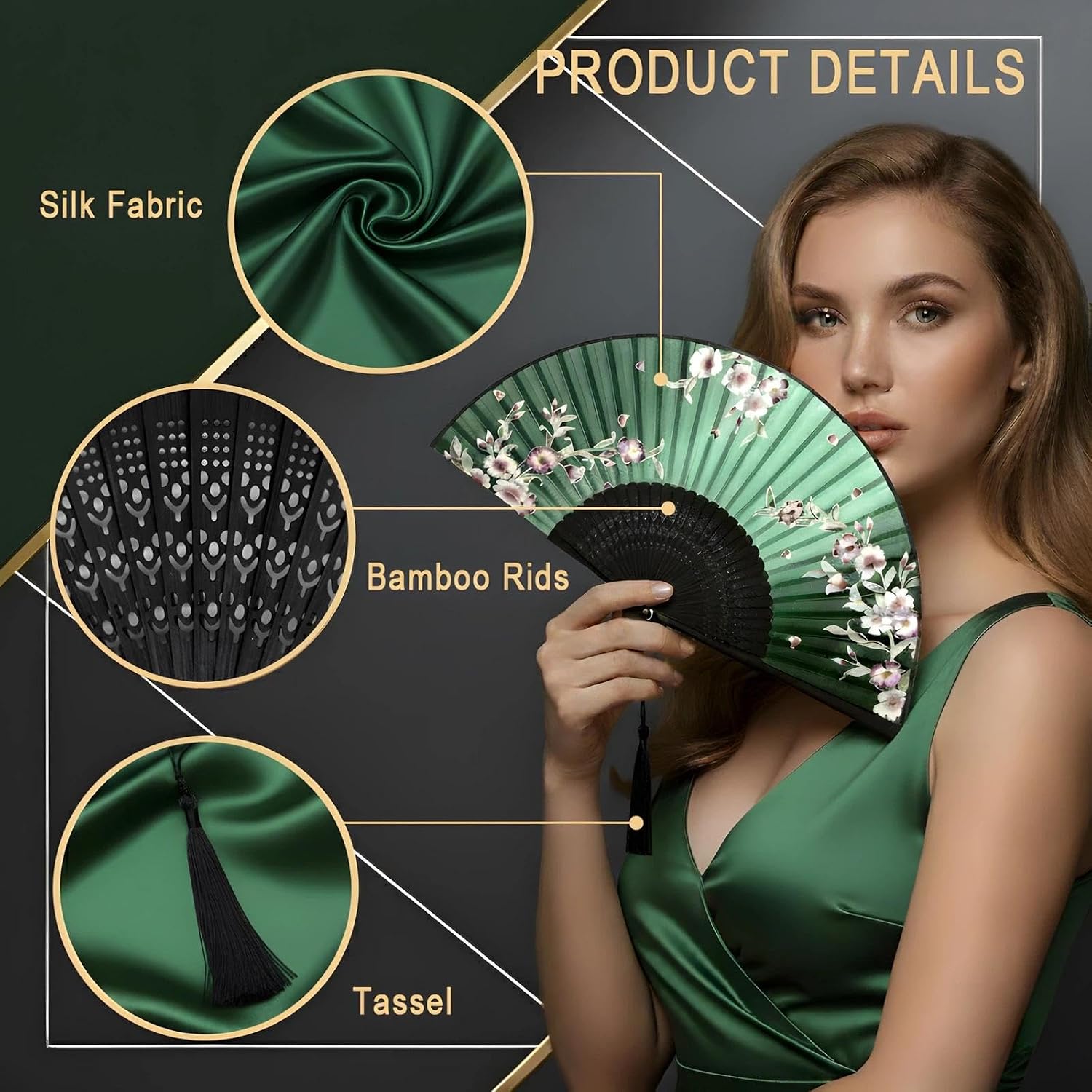 Lysa Hand Fan for Women Foldable - Portable Folding Japanese Chinese Fan - for Hot Flashes, Summer Cooling, Festivals, Church, Dancing (Green Redbud) image 3