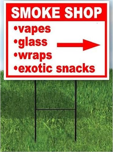 SMOKE SHOP VAPES GLASS WRAPS EXOTIC SNACKS RED RIGHT ARROW 18 in x 24 in Yard Sign Road Sign with Stand, Single Sided