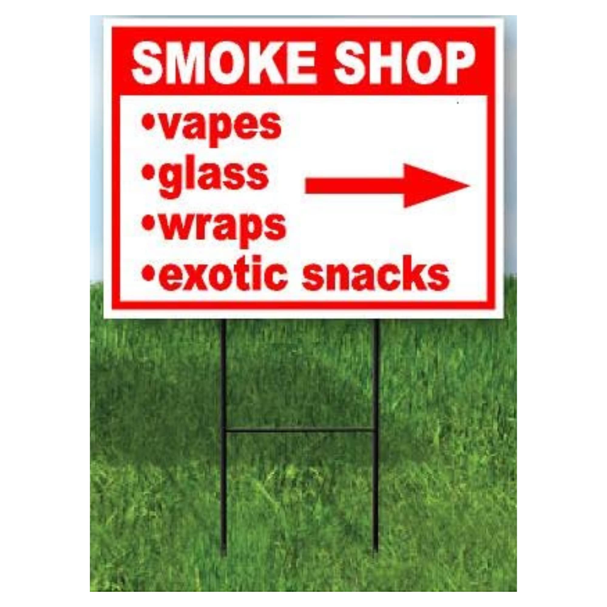 Amazon.com : SMOKE SHOP VAPES GLASS WRAPS EXOTIC SNACKS RED RIGHT ARROW 18 in x 24 in Yard Sign Road Sign with Stand, Single Sided : Patio, Lawn & Garden Amazon.com : SMOKE SHOP VAPES GLASS WRAPS EXOTIC SNACKS RED RIGHT ARROW 18 in x 24 in Yard Sign Road Sign with Stand, Single Sided : Patio, Lawn & Garden