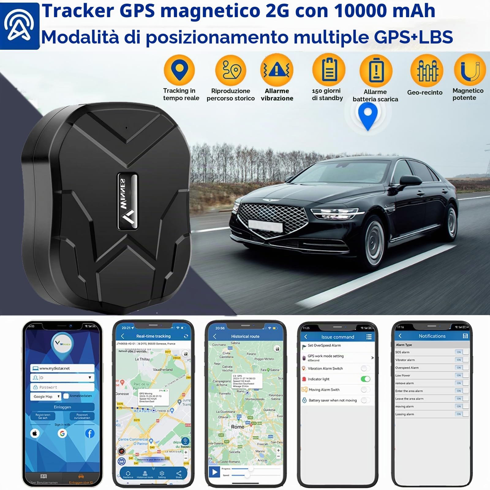 Localizzatore GPS per Auto Impermeabile GPS tracker con Microfono Tracking Tempo Reale Spia Professional Localizzatore Anti-perso Allarme APP Gratuita Tracker per Moto Nave Flotta 10000mAh TK905B