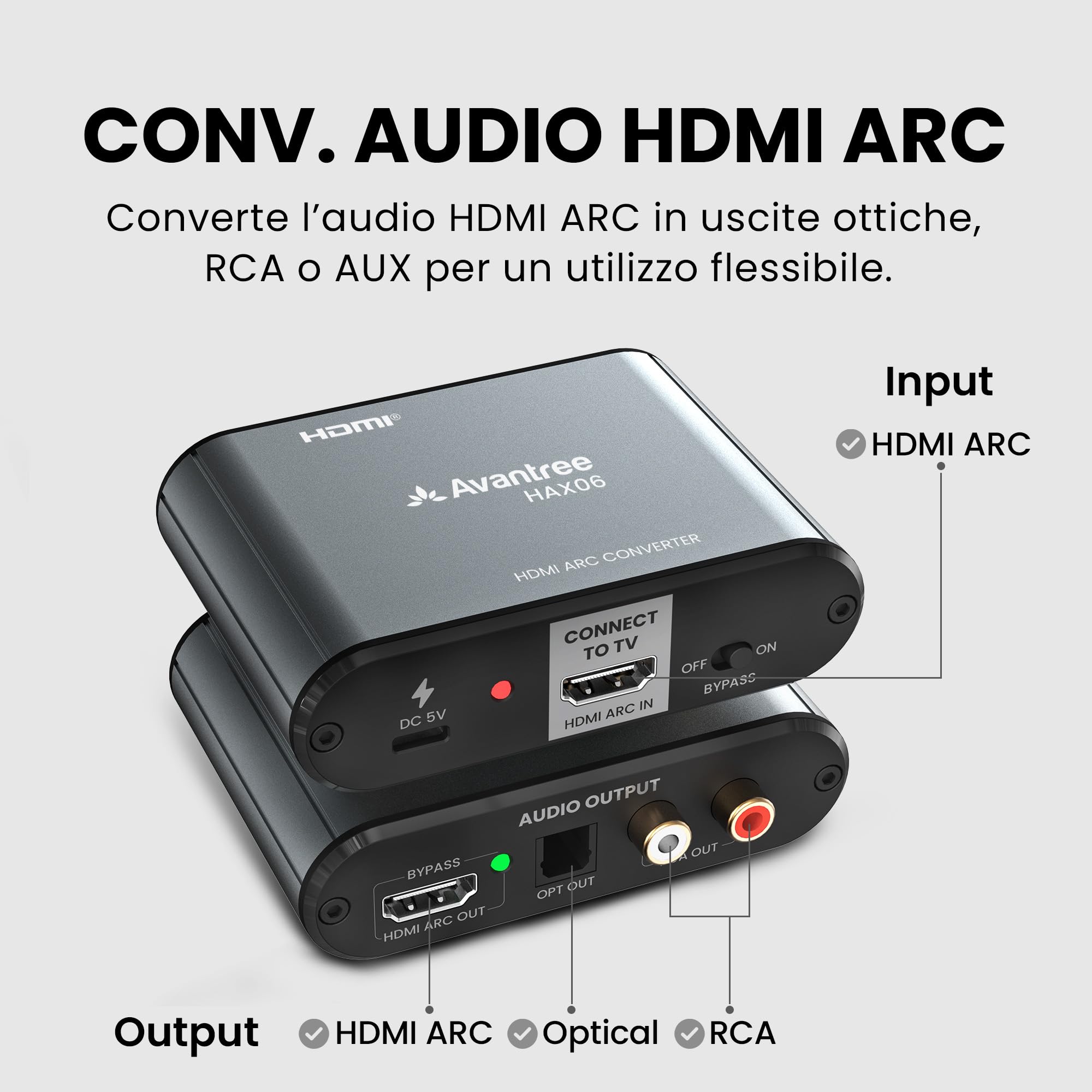 Avantree HAX06 – Estrattore audio HDMI ARC con passthrough per uso simultaneo con TV, soundbar e cuffie, uscite ottiche e RCA