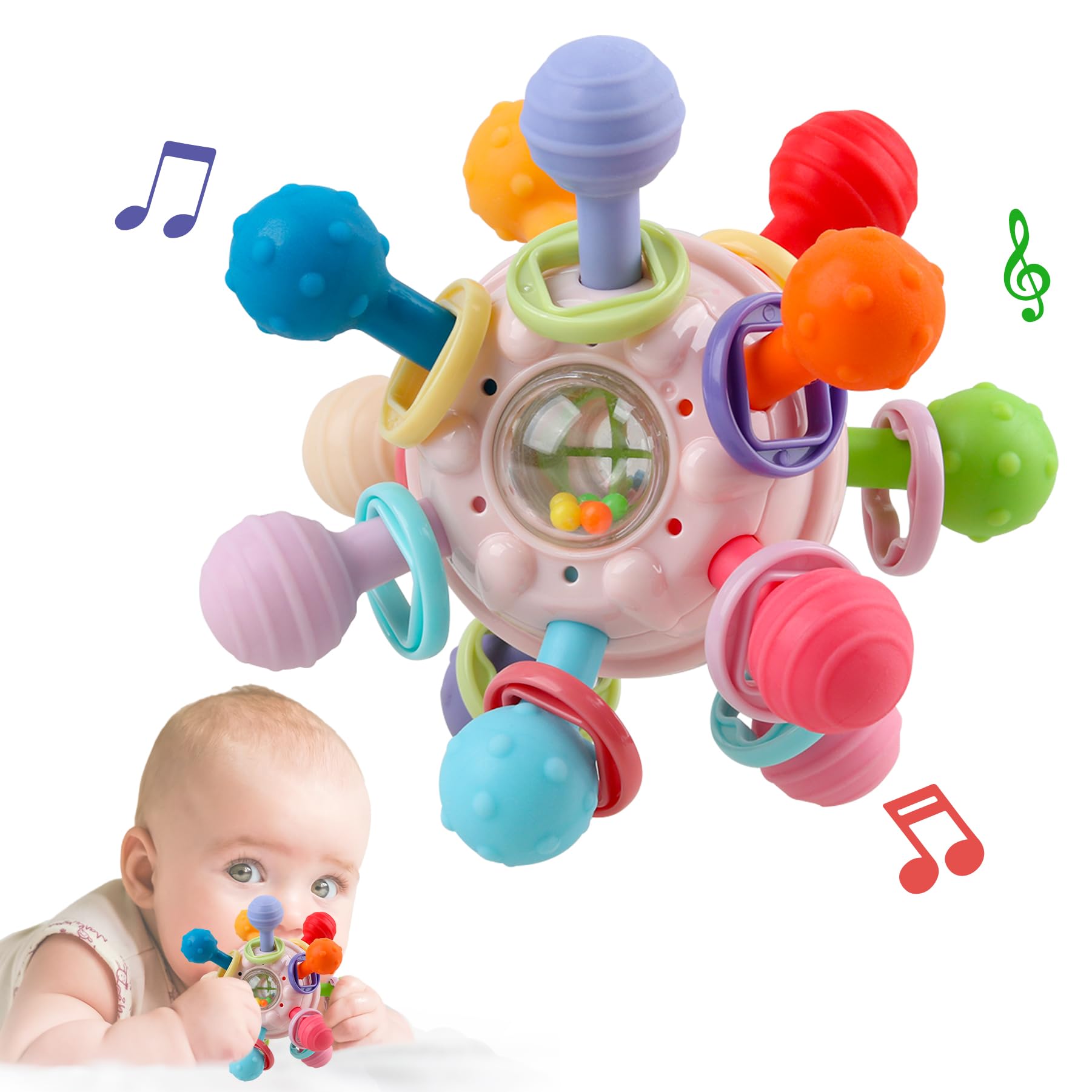 Baby Sensory Teething Toys - Baby Teether & Rattle - Gifts for Infant Newborn Boys Girls 0 3 6 9 12 18 Months - Toddler Montessori Educational