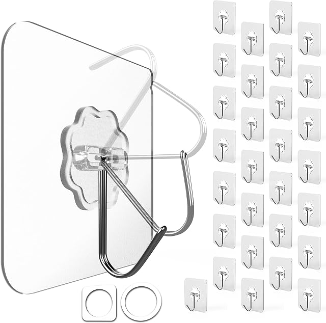 4smile Klebehaken extra stark, 30 Stück, 10 kg Klebehaken outdoor wetterfest, wasserdichte Haken selbstklebend, Wandhaken selbstklebend, transparent - Decke und Wand, Mehrzweck für Küche, Bad