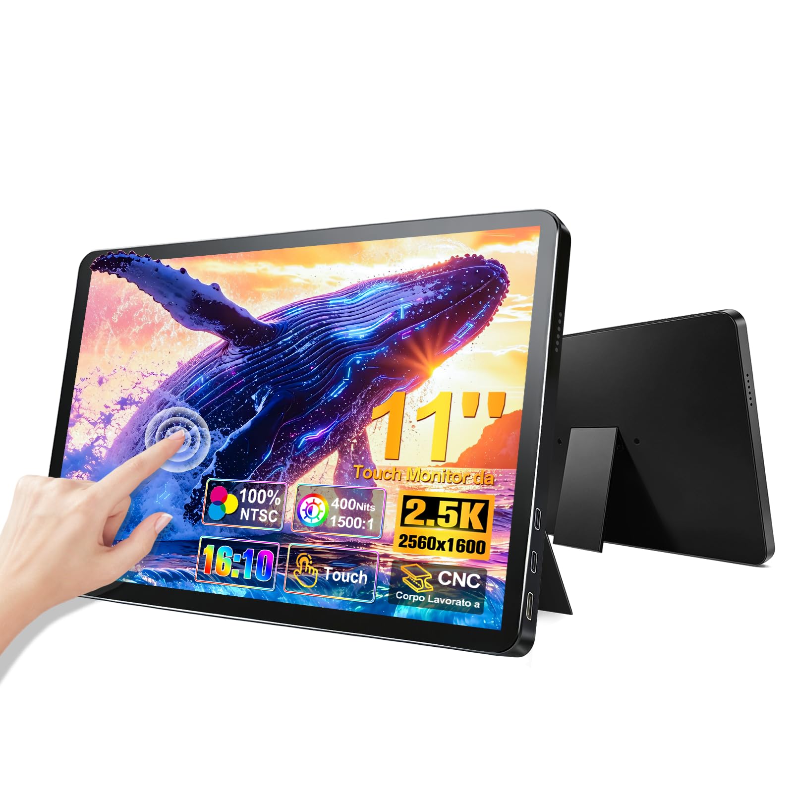 Monitor Portatile 11 Pollici QHD 2,5K 2560×1600 IPS, 100% NTSC, Doppia USB-C + Mini HDMI, Supporto Integrato, Compatibile VESA, Schermo Esterno per PC e Notebook