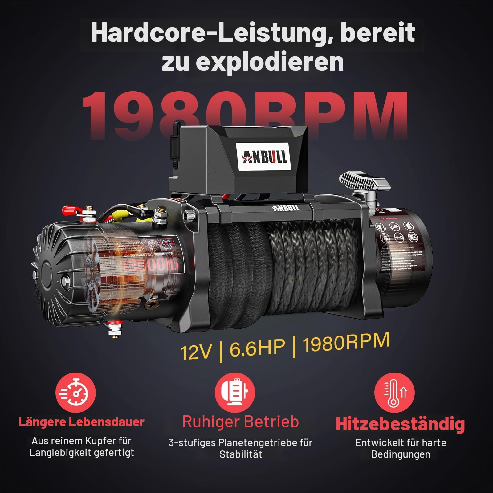Anbull Elektrische Seilwinde 12V 6,6 PS 13500 LBS/6T Synthetikseil 26m IP67 | 2x Funkfernbedienung 1x Kabelfernbedienung, Motorwinde, Kompatibel mit Quad, SUV, LKW, Bootstrailer, SUV Pickup