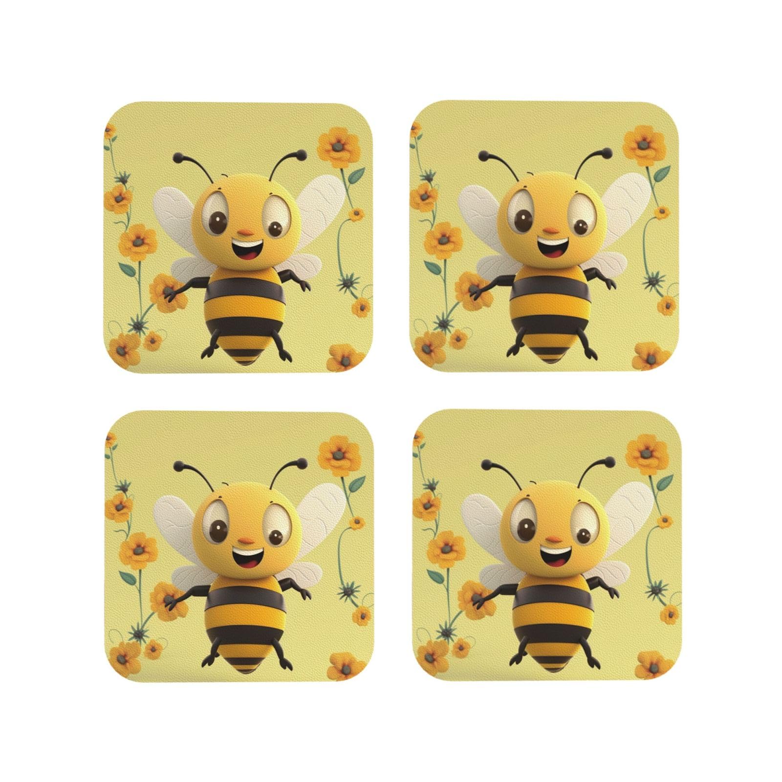 4pcs Drink Coasters for Tabletop Protection, 4" Leather Coasters for Drinks, Happy Bee Cup Coasters for Coffee Table Decor, Non-Slip Drinking Cup Mat for Hot Or Cold Drink