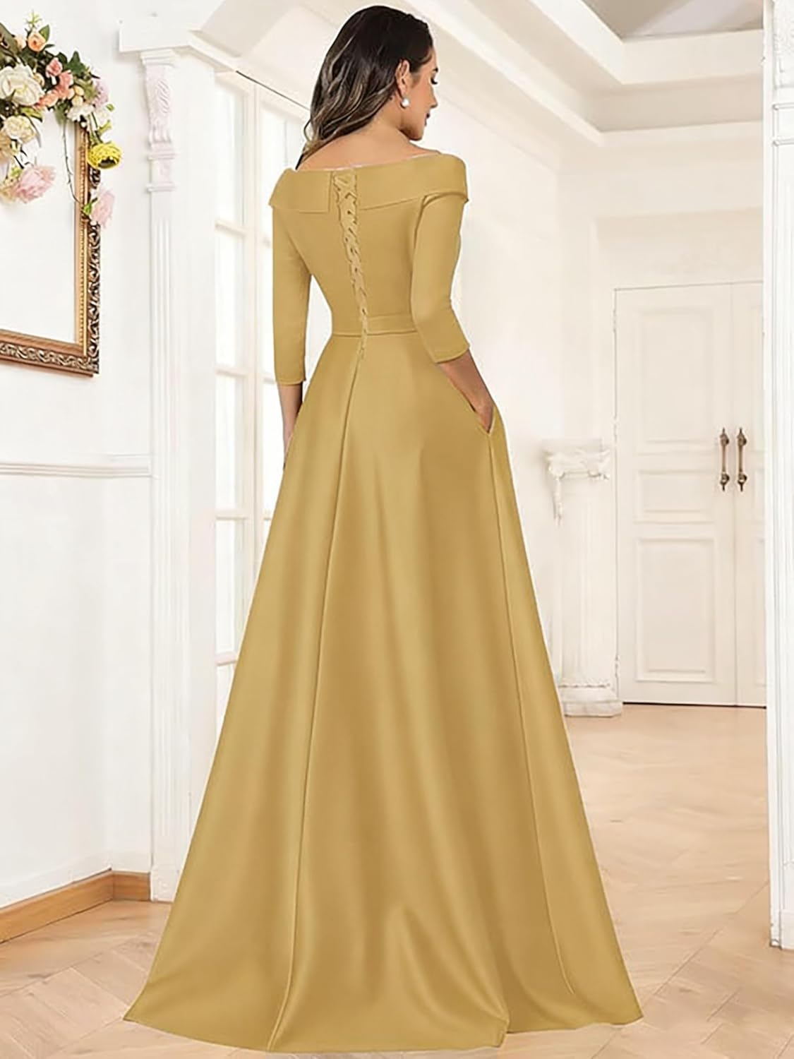 Satin Mother of The Bride Dresses V Neck 3/4 Sleeve Formal Evening Gown with Pockets