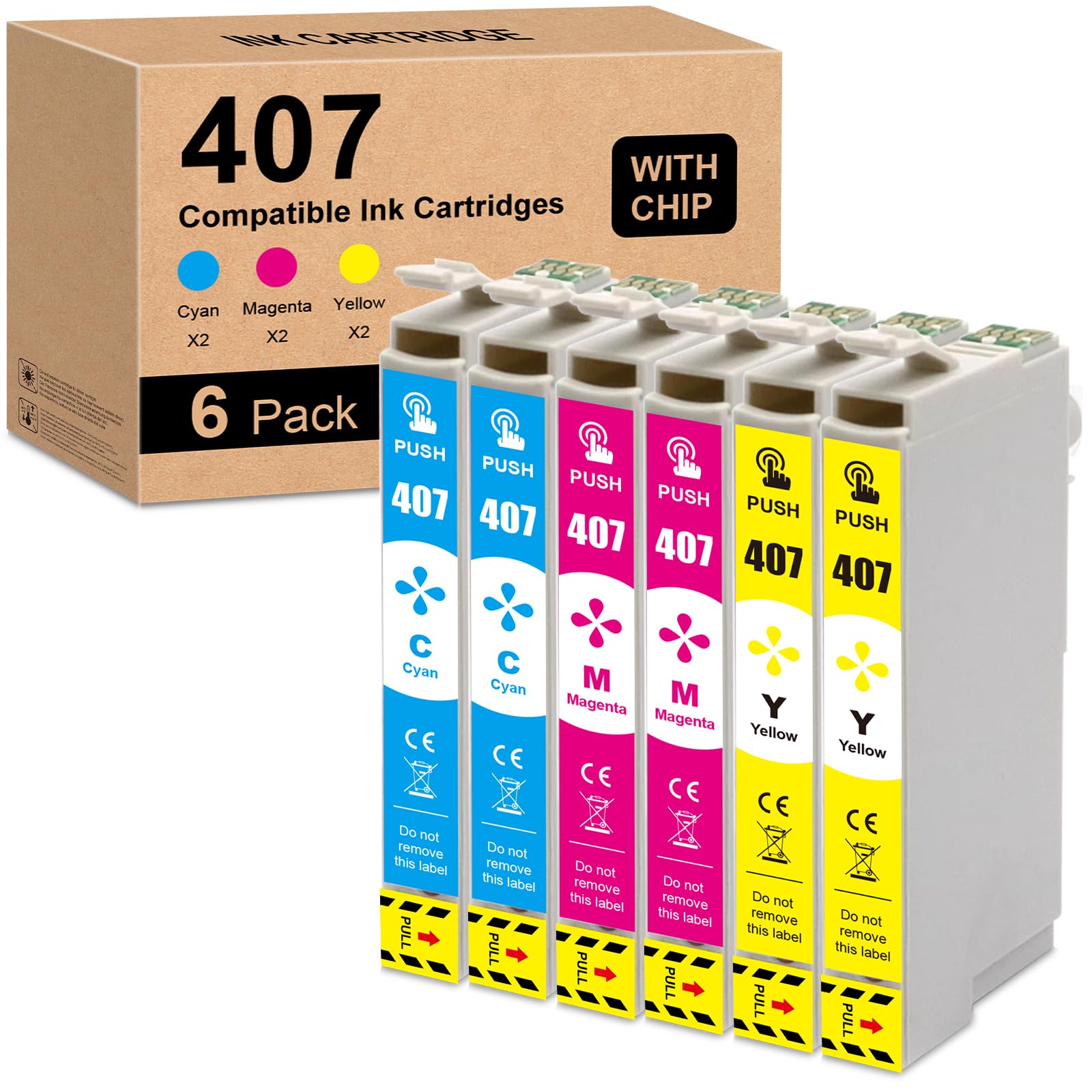 Cartuchos de Tinta 407XL Cian, Magenta y Amarillo compatibles con EPS 407XL y 407XL para Workforce Pro wf-4745dtwf, wf-4745, WF4745, WF 4745DTWF (Paquete de 6, 2C, 2M, 2Y)