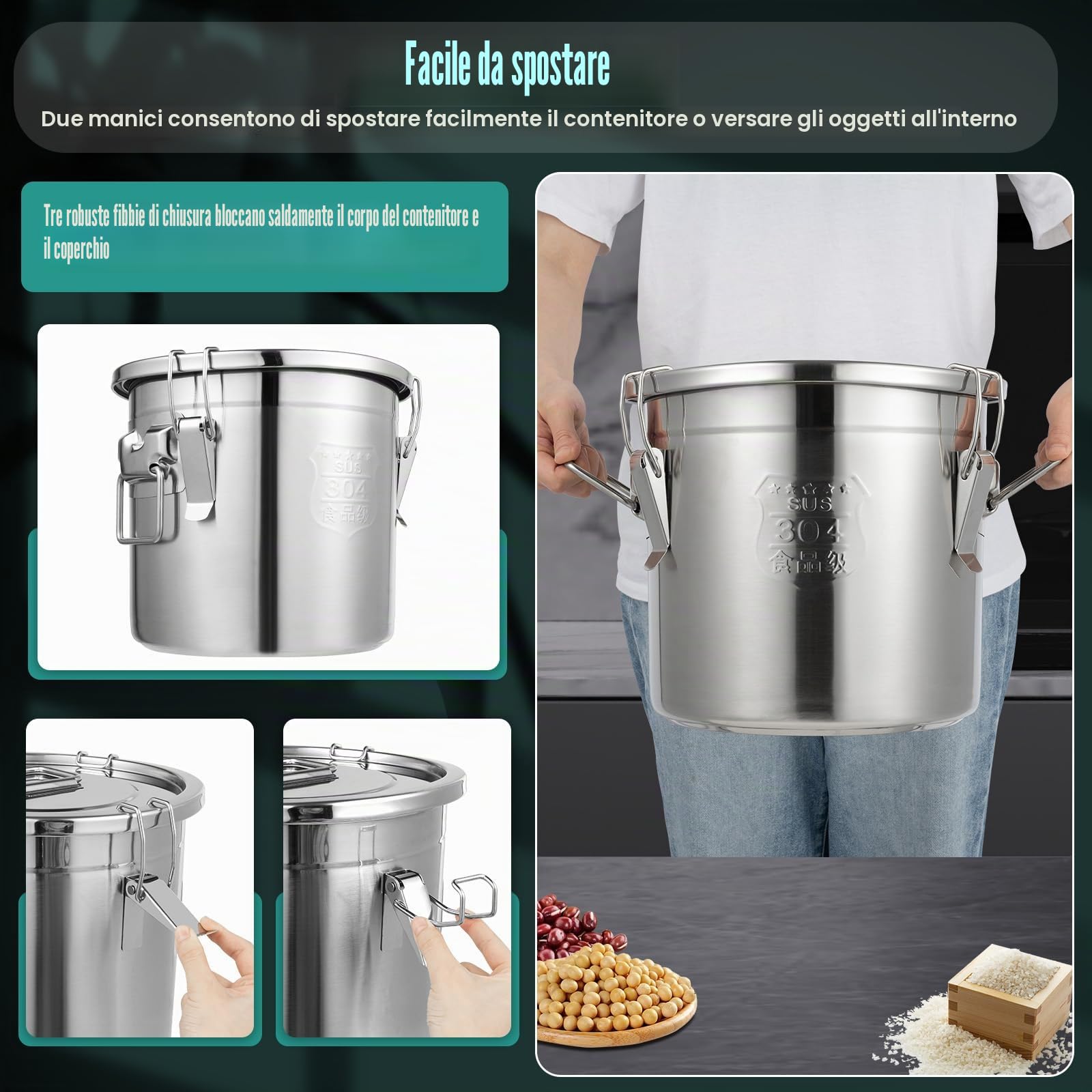 MINRS Contenitore per cereali in acciaio inossidabile da 12 L, ermetico, secchio da cucina, contenitore per cereali, contenitore per farina, secchio con coperchio, secchio portaoggetti da cucina