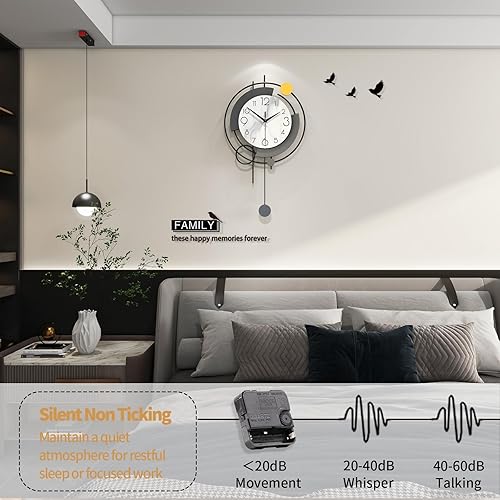 Miniatura 5 de FLEBLE Relojes de pared modernos para decoración de sala de estar, reloj de pared de péndulo grande, funciona con pilas, sin tictac, silencioso para
