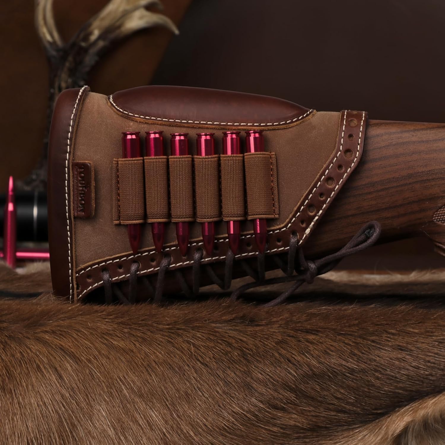 TOURBON Canvas Leather Recoil Reducing Pad Stock Extension Cover Buttstock Cheek Rest with Rifle Shell Holder