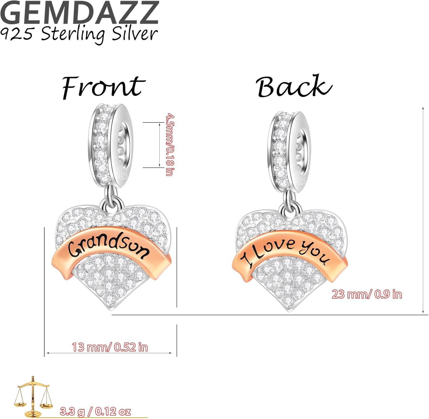 GEMDAZZ Family Theme Charm, 925 Sterling Silver Mother Father Daughter Son Sister Nana Wife Husband Grandma Friend Godmother Goddaughter Clear Pave Heart Pendant Beads, fit European Women Bracelet - Image 2