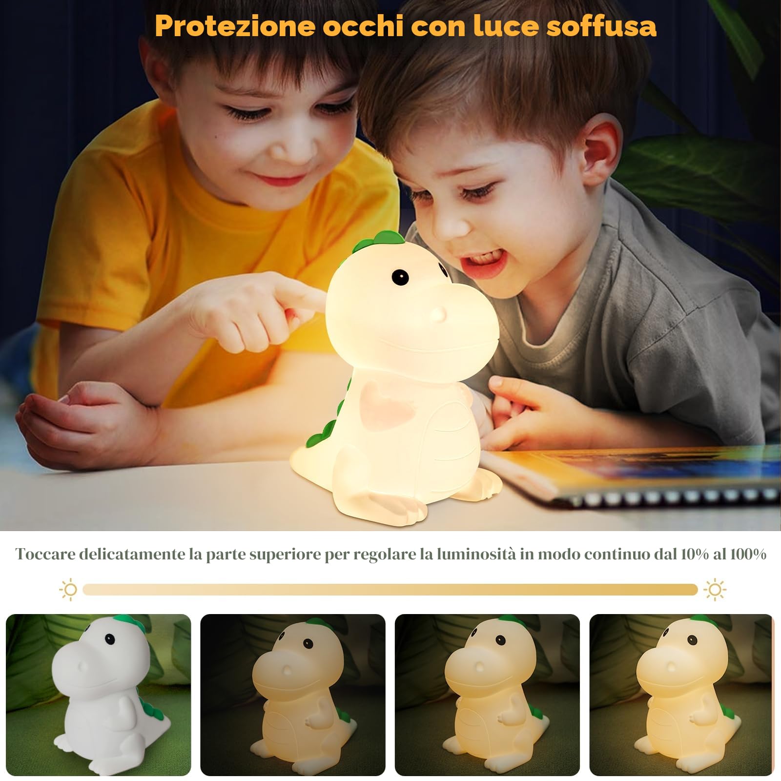Luce Notturna Bambini Dinosaur lampada da comodino Luci della camera da letto Dormi leggero con 7 Colori Lucina Notte, luminosità regolabili, Touch Lampada Notturna Colorata per bambini