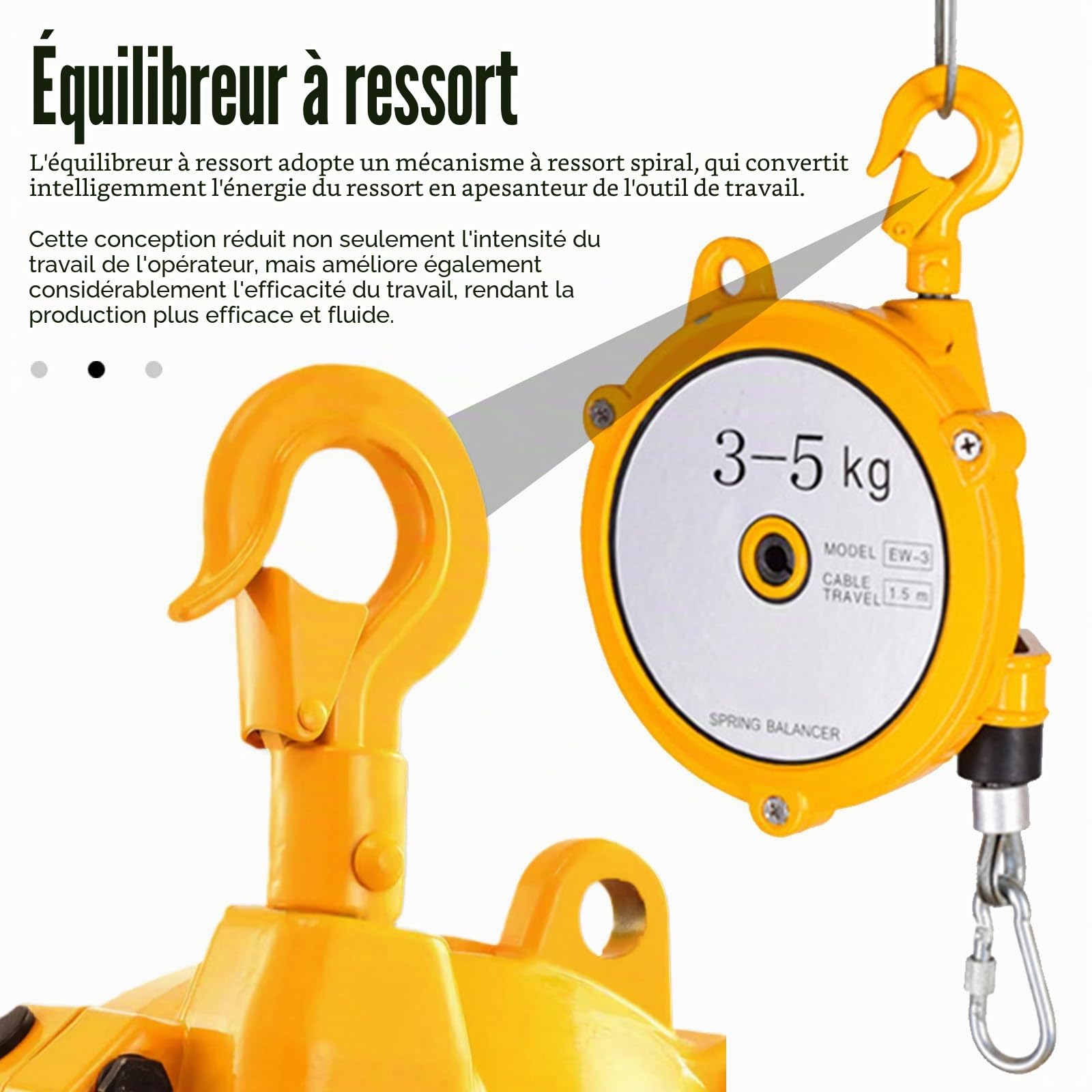 Équilibreur à Ressort Rétractable 3-5 kg, Equilibreur à Ressort 1,5m de Hauteur de Levage avec Fil Acier Epais et Crochet Equilibrage à Ressort en Métal pour Ateliers et Usines