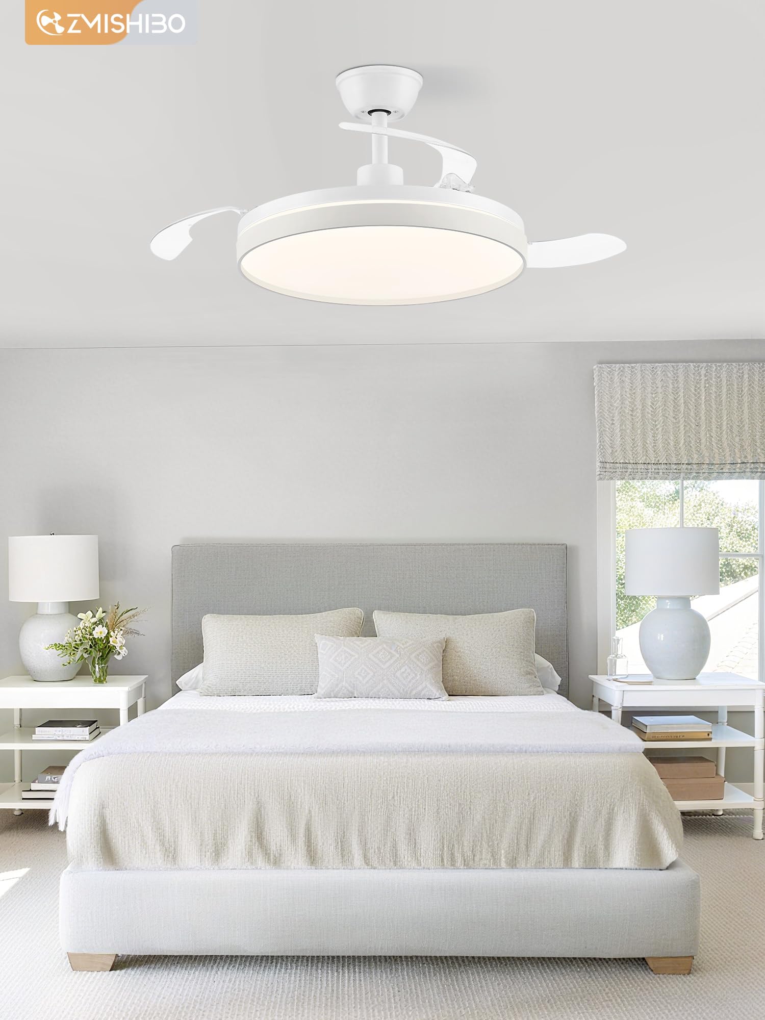ZMISHIBO – Ventilateur de plafond avec lumière 106 cm, pales rétractables invisibles, CCT 3000K–6500K, fonction été & hiver, moteur DC 30 W + LED 38 W, 6 vitesses, silencieux, minuterie 2 h/4 h, blanc