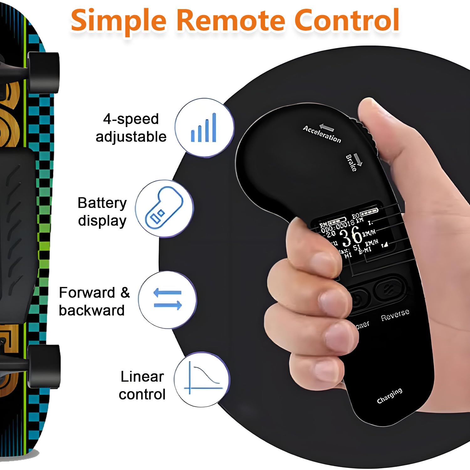 Skateboard électrique avec télécommande, charge maximale 150 kg, portée max 26 km, vitesse maximale 22 km/h, idéal pour adultes et adolescents, parfait pour les débutants