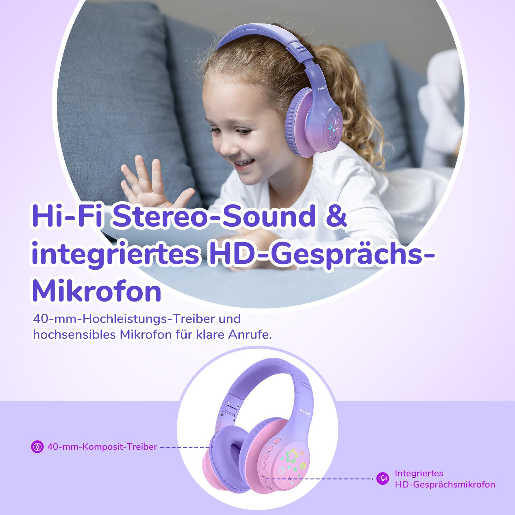 EarFun Bluetooth Kopfhörer Kinder, 5 LED-Beleuchtungsmodi, 74/85/94 dBA Lautstärkebegrenzung, 90 Std Akku, Hi-Fi Klang, HD-Mikrofon, Bluetooth 5.4, Faltbare, Kopfhörer Kabellos Kinder für Schule/Reise