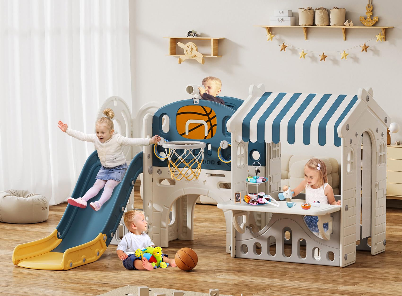 BIERUM 10 in 1 Toddler Slide with Basketball Hoop, Outdoor Slide for Toddlers Age 1-3 with Kid Playhouse, Indoor Toddler Playset Toddler Playground with Afternoon Tea Toy Set Blue Yellow