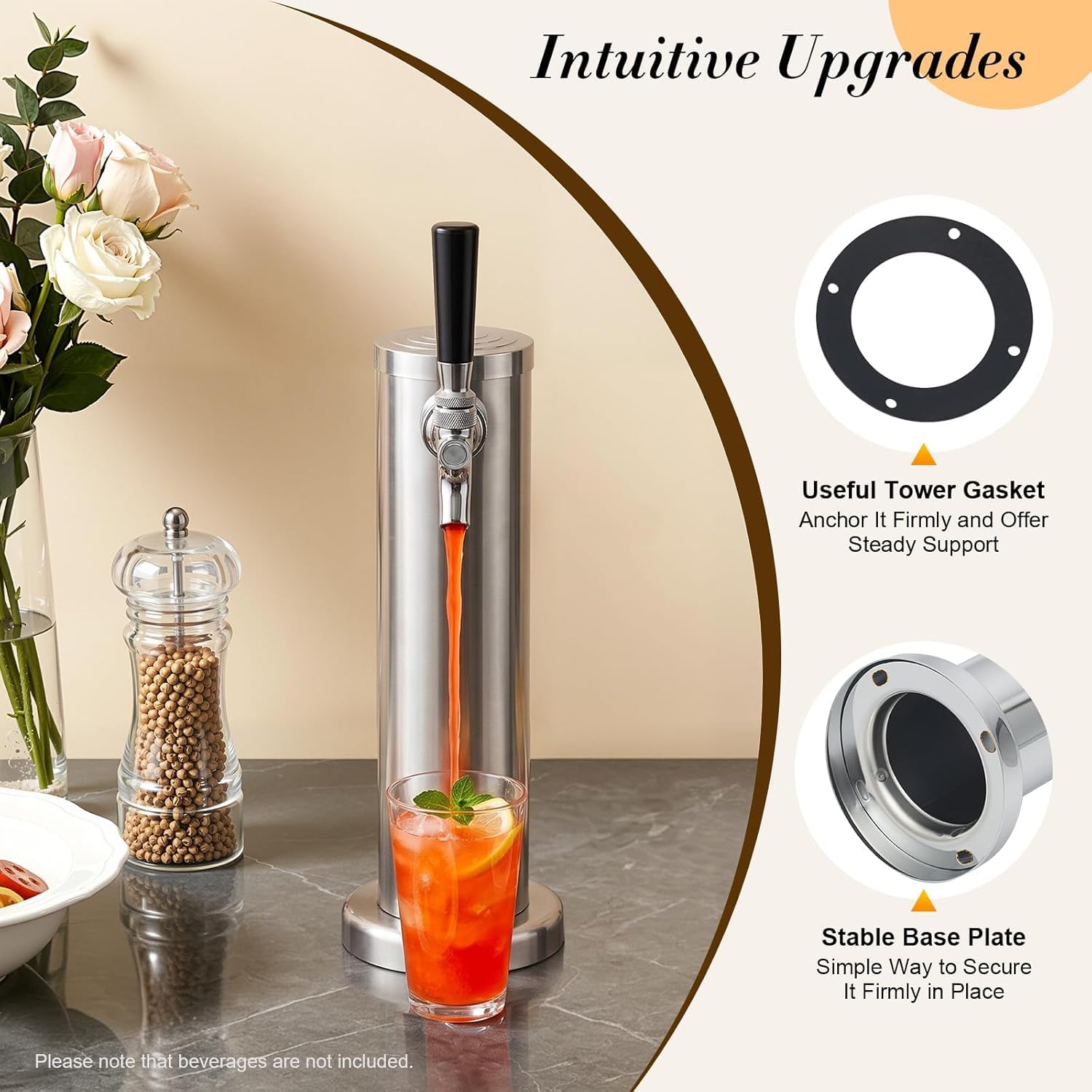 Torre Cerveza Inox, Dispensador de Presión Grifo Único Con Apagado Automático, Bar Casa Restaurante, Vino Blanco Jugo Café Té, Acero Cromado Plata Cilíndrica, 32X7,6 Cm